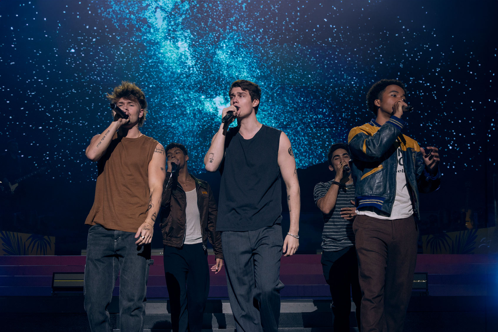 Nicholas Galitzine, Raymond Cham Jr, Jaiden Anthony, Viktor White and Dakota Adan in "The Idea of You" (Alisha Wetheril/Prime Video)