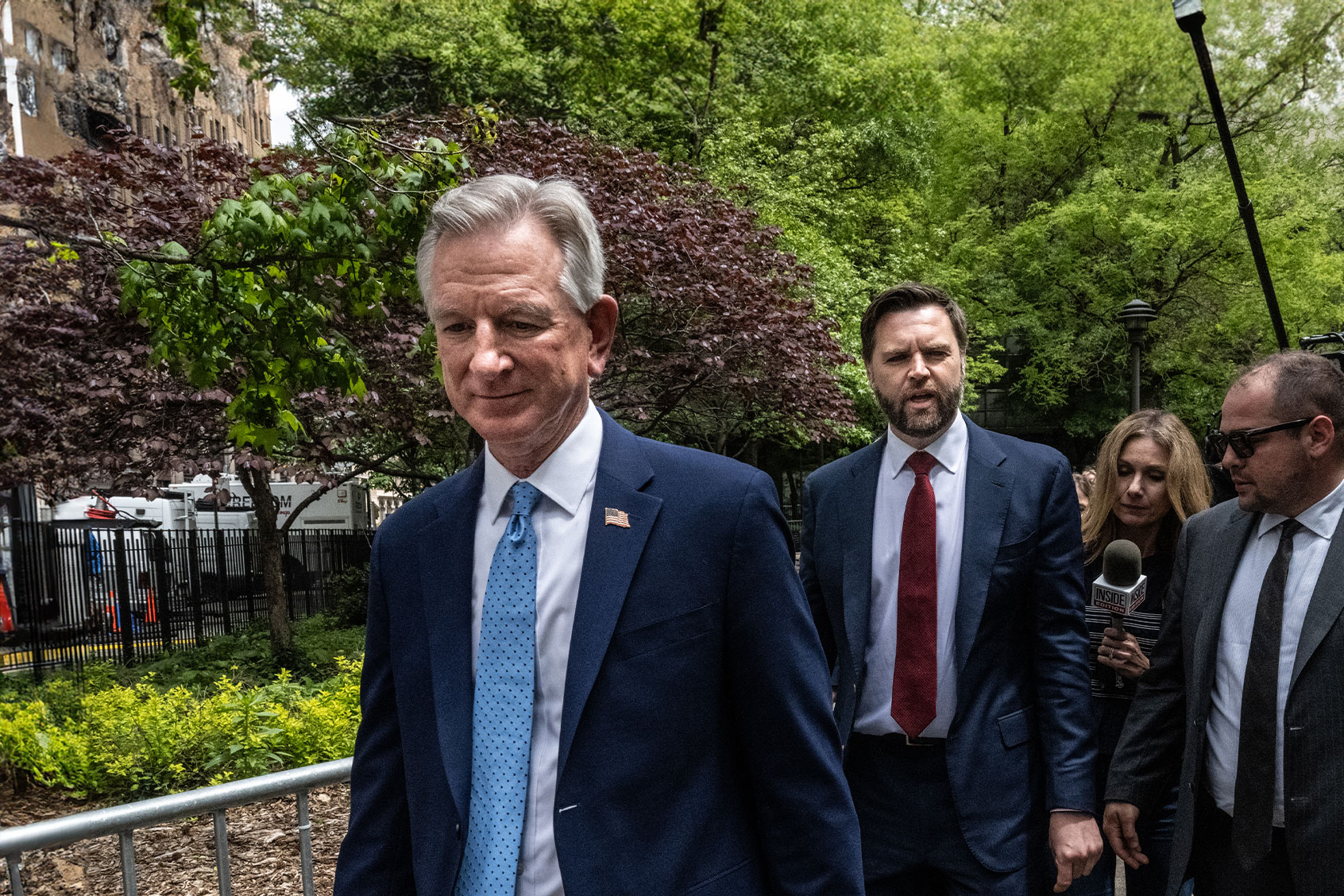 Elected officials including Sen. J.D. Vance (R-OH) (C), and Sen. Tommy Tuberville (R-AL) (L) arrive to speak to the media outside of the Criminal Court where former U.S. President Donald Trump is on trial on May 13, 2024 in New York City. (Stephanie Keith/Getty Images)