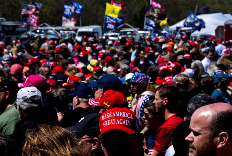 Attendees wait in line before a rally for Republican presidential candidate former President Donald Trump on May 1, 2024 at Avflight Saginaw in Freeland, Michigan. (Nic Antaya/Getty Images)