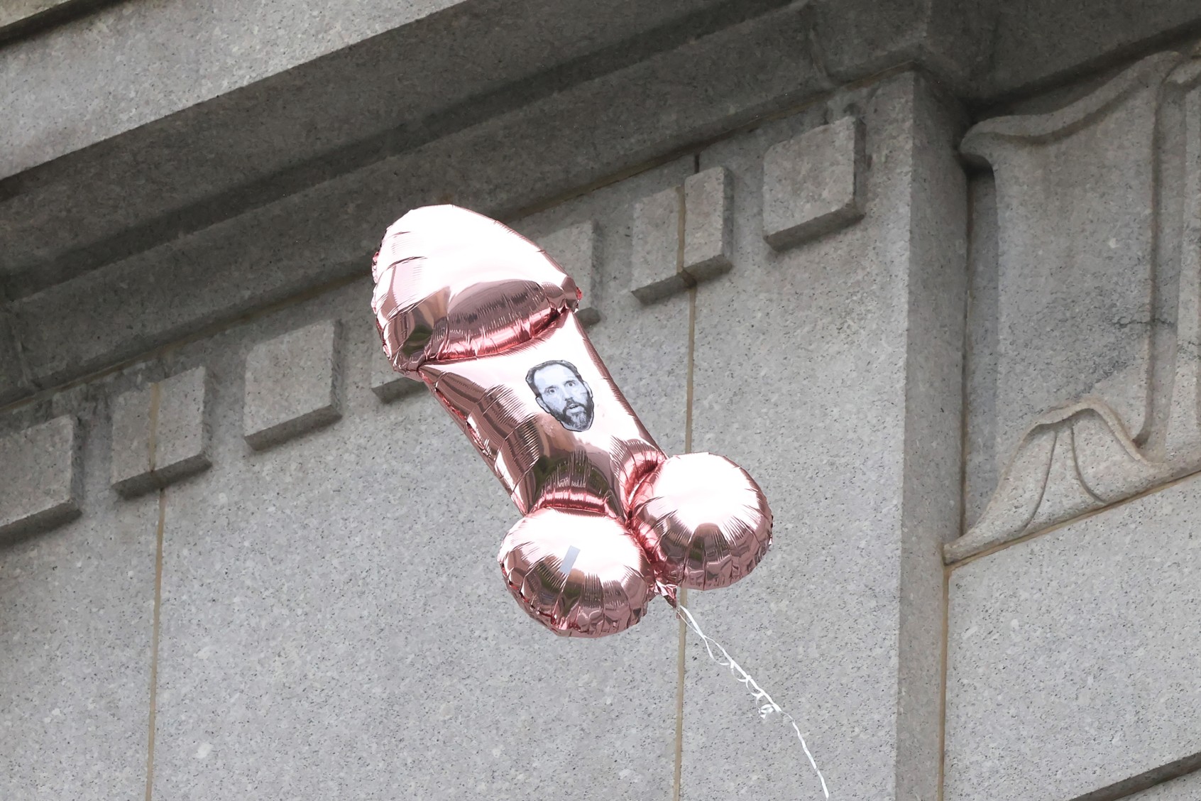 A ballon with a sticker displaying the image of Jack Smith, US special counsel, flies over Collect Pond Park near Manhattan Criminal Court during Trump's hush money trial on May 16, 2024 in New York City. (Michael M. Santiago/Getty Images)