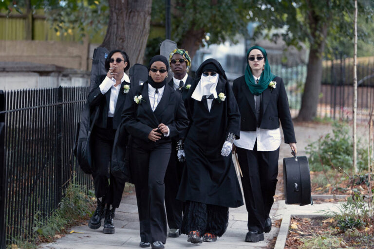 Sarah Kameela Imprey as Saira, Anjana Vasan as Amina Hussain, Faith Omole as Bisma, Lucie Shorthouse as Momtaz, Juliette Motamed as Ayesha in "We Are Lady Parts" (Saima Khalid/WTTV Ltd/Peacock/C4)