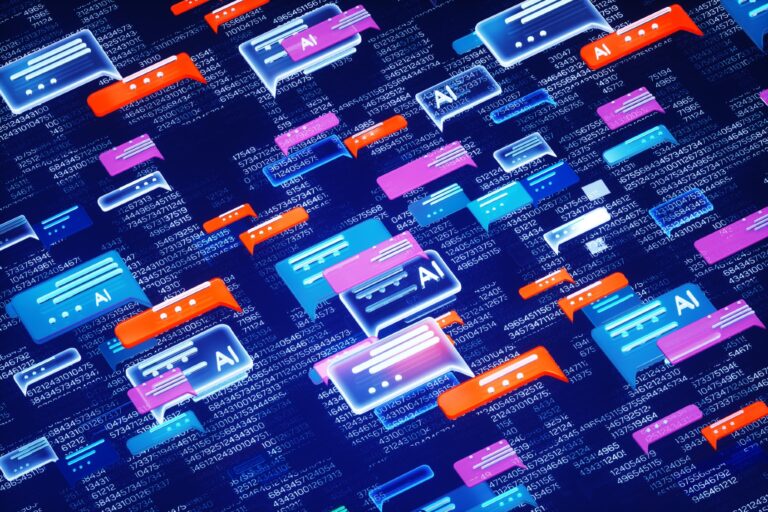 Digital generated image of abstract AI chat icons over digital surface. (Andriy Onufriyenko, getty images)