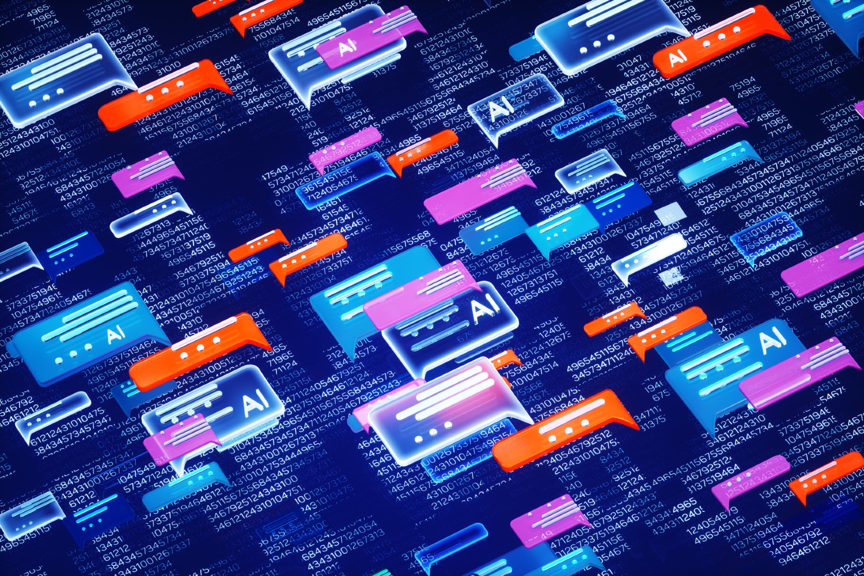 Digital generated image of abstract AI chat icons over digital surface. (Andriy Onufriyenko, getty images)
