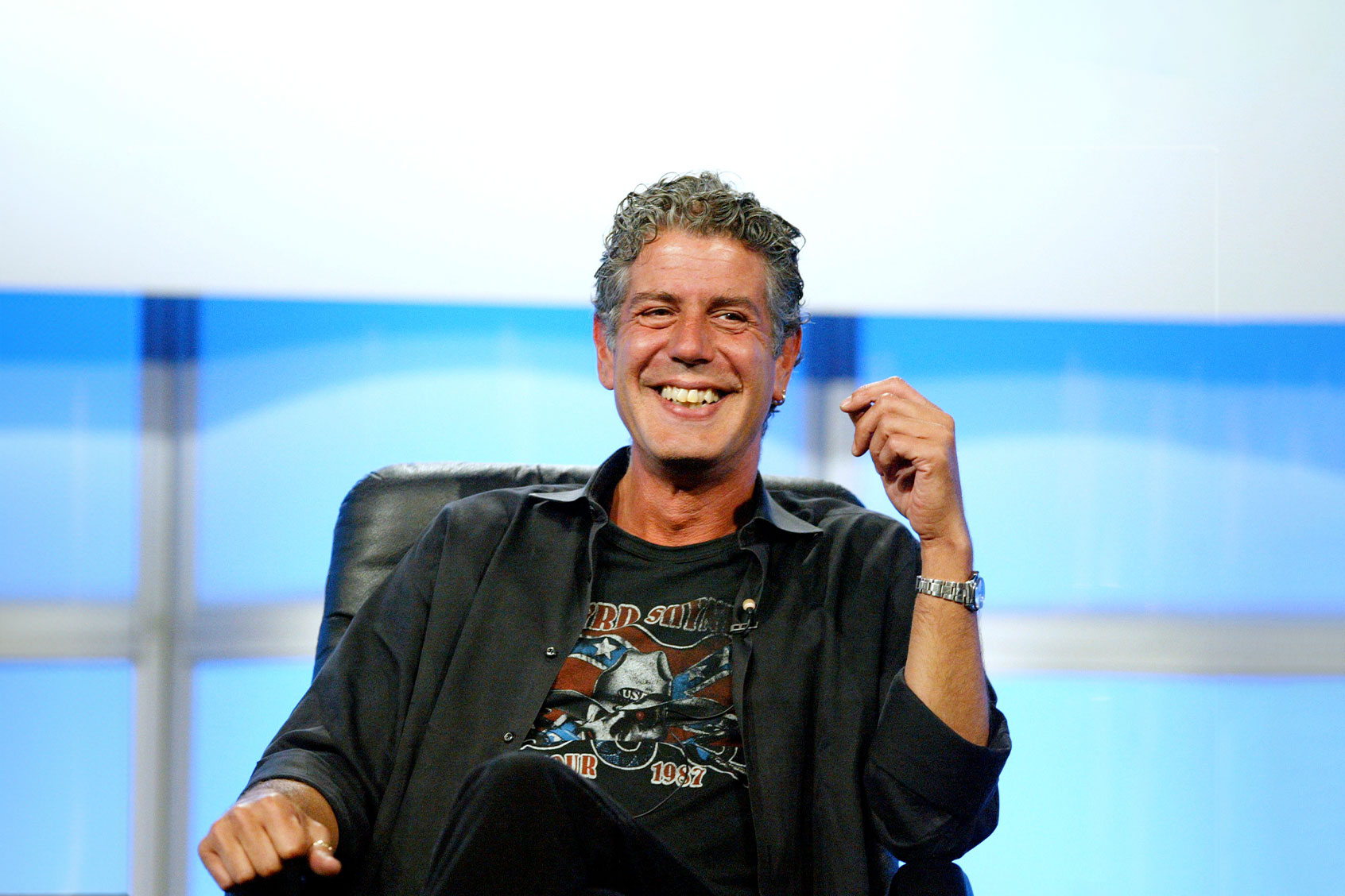 Host Anthony Bourdain at the 2005 Television Critics Association Summer Press Tour at the Beverly Hilton Hotel on July 16, 2005 in Beverly Hills, California. (Frederick M. Brown/Getty Images)