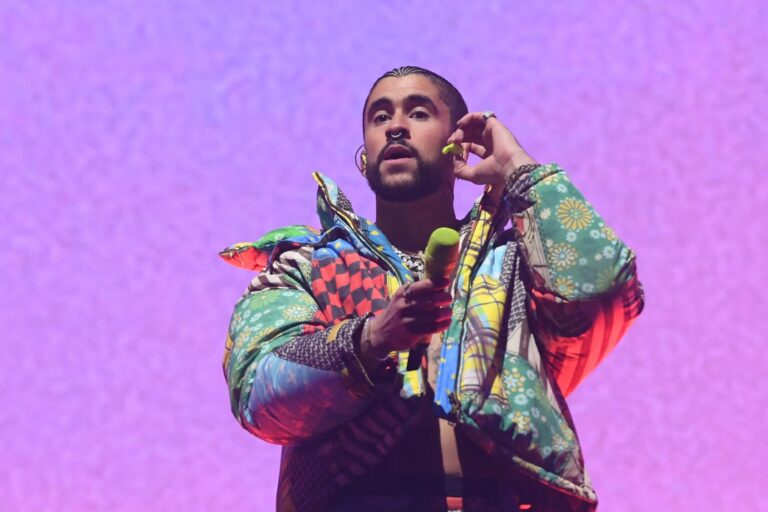 Puerto Rican singer Bad Bunny performs during the first weekend of the Coachella Valley Music and Arts Festival in Indio, California, on April 14, 2023. (VALERIE MACON/AFP via Getty Images)