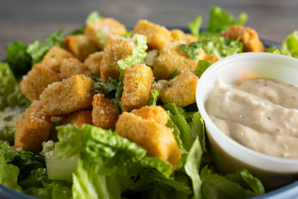Close-up of a Caesar salad