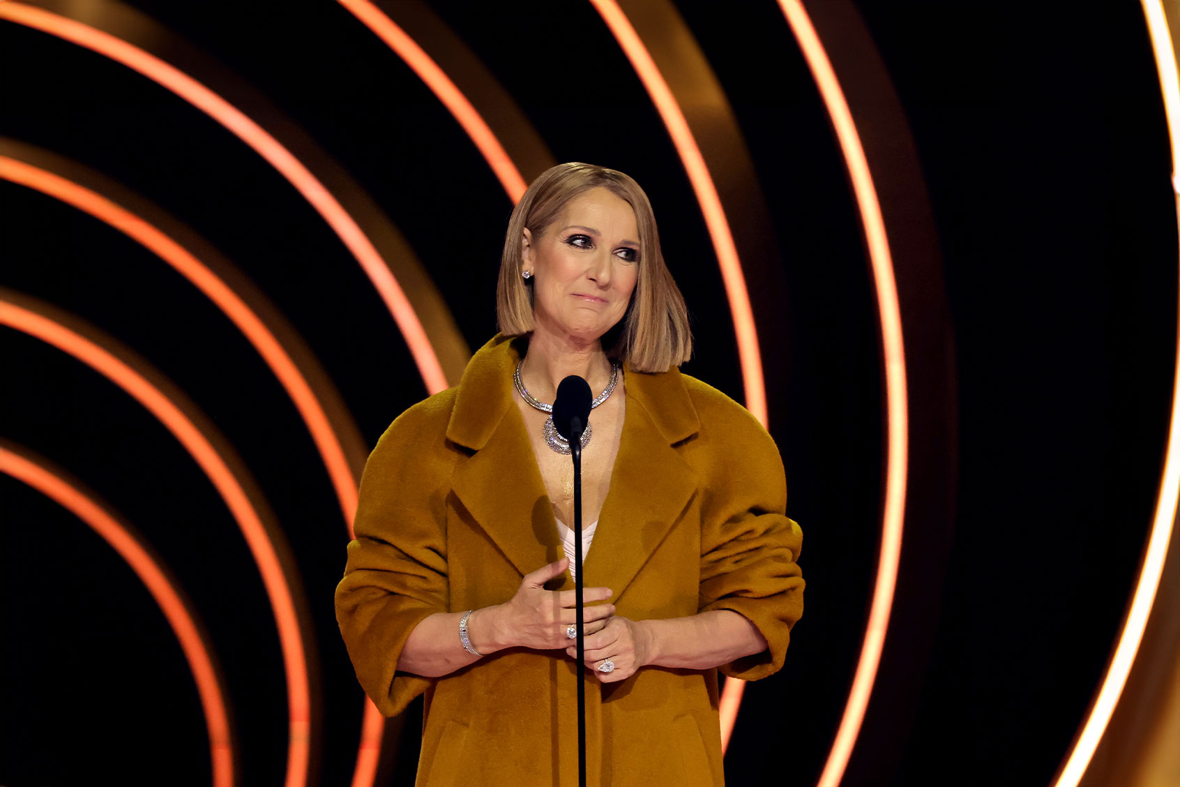 Celine Dion speaks onstage during the 66th GRAMMY Awards at Crypto.com Arena on February 04, 2024 in Los Angeles, California. (Kevin Winter/Getty Images for The Recording Academy)