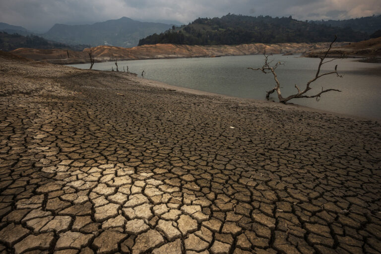 A tree trunk is lies on a now dry section of the El Guavio Water Reservoir on April 18, 2024 in Gachalá, Colombia. Water reservoirs around Colombia are facing low levels due to a major drought caused by El Niño-Southern Oscillation. (Diego Cuevas/Getty Images)