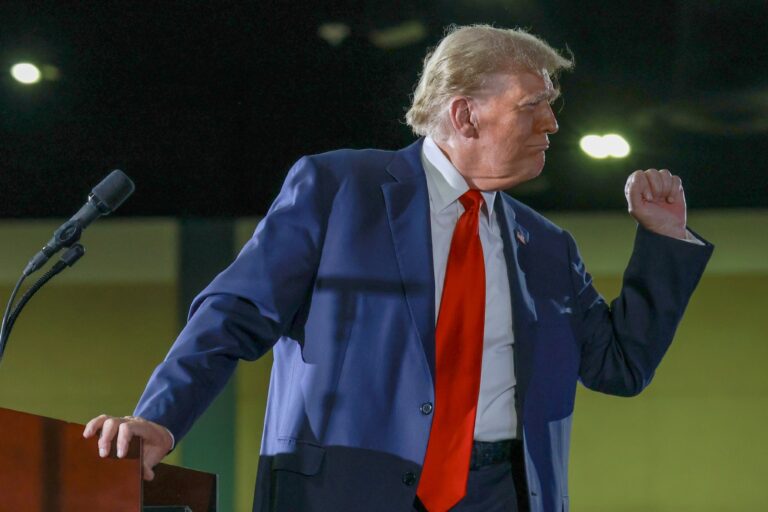 Former President Donald Trump speaks to members of the Club 47 group at the Palm Beach Convention Center on June 14, 2024, in West Palm Beach, Florida. (Joe Raedle/Getty Images)