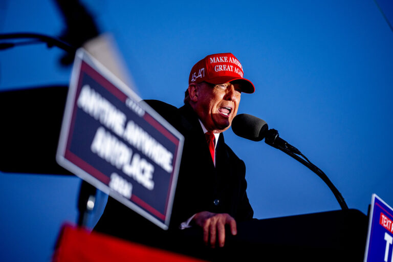 Republican presidential candidate, former President Donald Trump speaks at a rally outside Schnecksville Fire Hall on April 13, 2024 in Schnecksville, Pennsylvania. (Andrew Harnik/Getty Images)