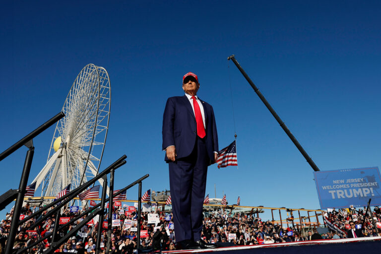 Republican presidential candidate former U.S. President Donald Trump arrives for his campaign rally in Wildwood Beach on May 11, 2024 in Wildwood, New Jersey. (Michael M. Santiago/Getty Images)