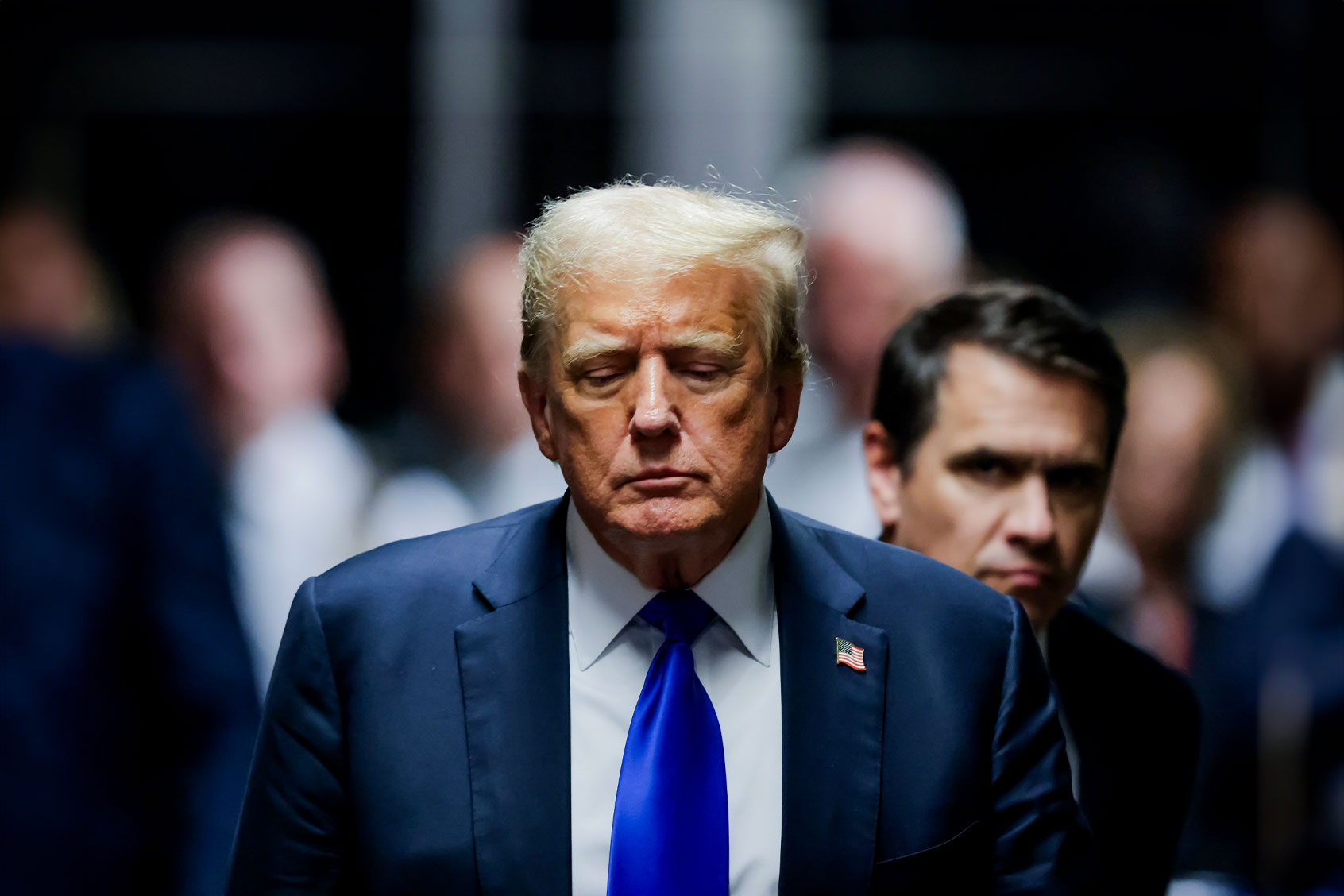 Former U.S. President Donald Trump departs the courtroom after being found guilty on all 34 counts in his hush money trial at Manhattan Criminal Court on May 30, 2024 in New York City. (Justin Lane-Pool/Getty Images)