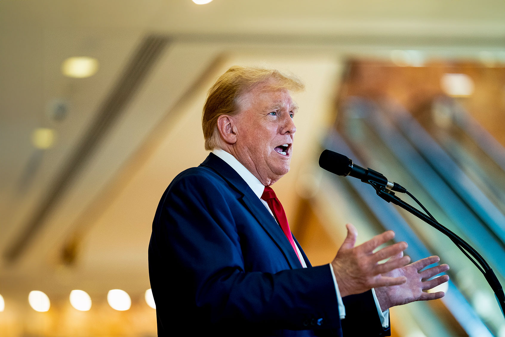 Former President Donald Trump speaks at a news conference from the lobby of Trump Tower the day after being found guilty on 34 felony counts of falsifying business records in the first degree at Manhattan Criminal Court, in New York, NY on Friday, May 31, 2024. (Jabin Botsford/The Washington Post via Getty Images)