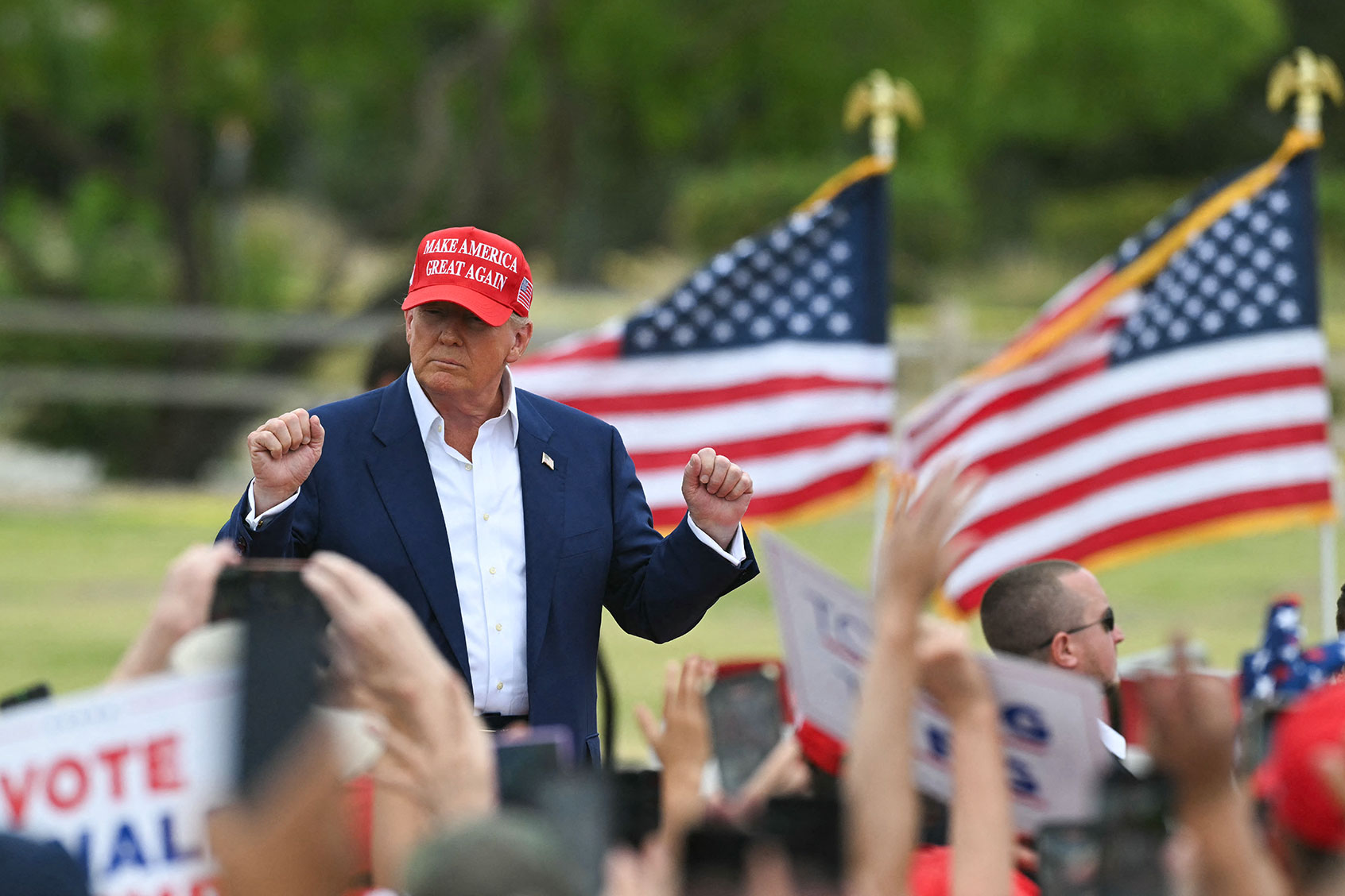 Former US President and Republican presidential candidate Donald Trump arrives to speak during a campaign rally at Sunset Park in Las Vegas, Nevada on June 9, 2024. (JIM WATSON/AFP via Getty Images)