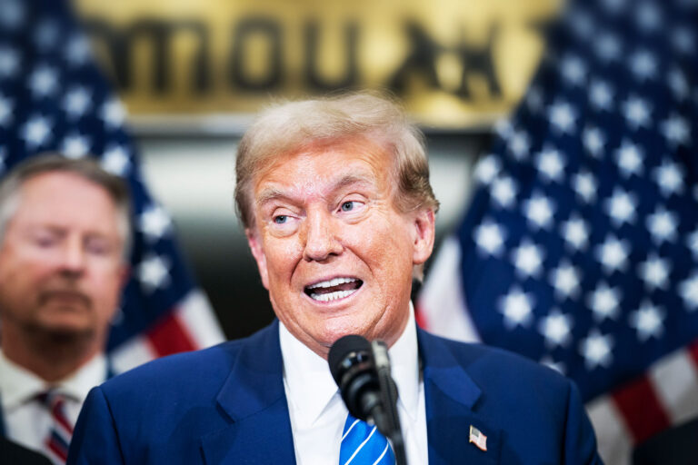 Former President Donald Trump speaks to reporters after meeting with Republican Senators at the National Republican Senatorial Committee building on Capitol Hill in Washington, DC on Thursday, June 13, 2024. (Jabin Botsford/The Washington Post via Getty Images)