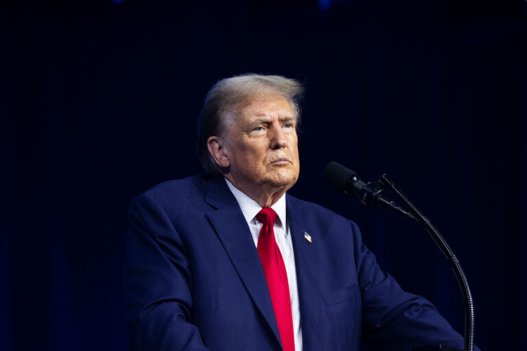 Former President Donald Trump gives the keynote address at Turning Point Action's "The People's Convention" on June 15, 2024 in Detroit, Michigan. (Bill Pugliano/Getty Images)