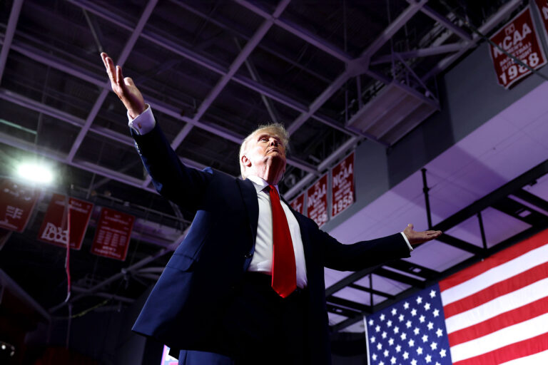 Republican presidential candidate, former U.S. President Donald Trump walks offstage after speaking at a campaign rally at the Liacouras Center on June 22, 2024 in Philadelphia, Pennsylvania. (Anna Moneymaker/Getty Images)