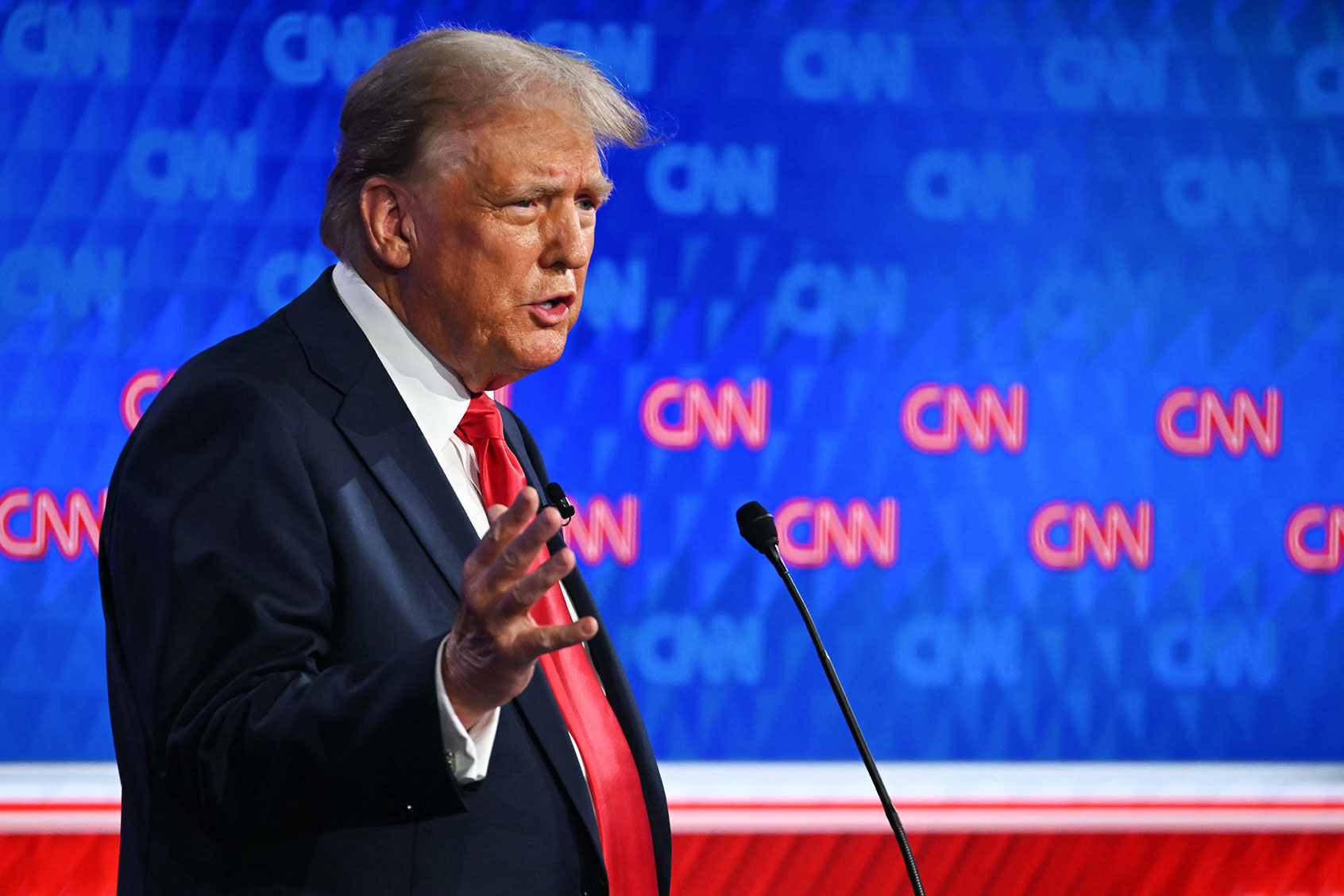 Former US President and Republican presidential candidate Donald Trump speaks as he participates in the first presidential debate of the 2024 elections with US President Joe Biden at CNN's studios in Atlanta, Georgia, on June 27, 2024. (ANDREW CABALLERO-REYNOLDS/AFP via Getty Images)