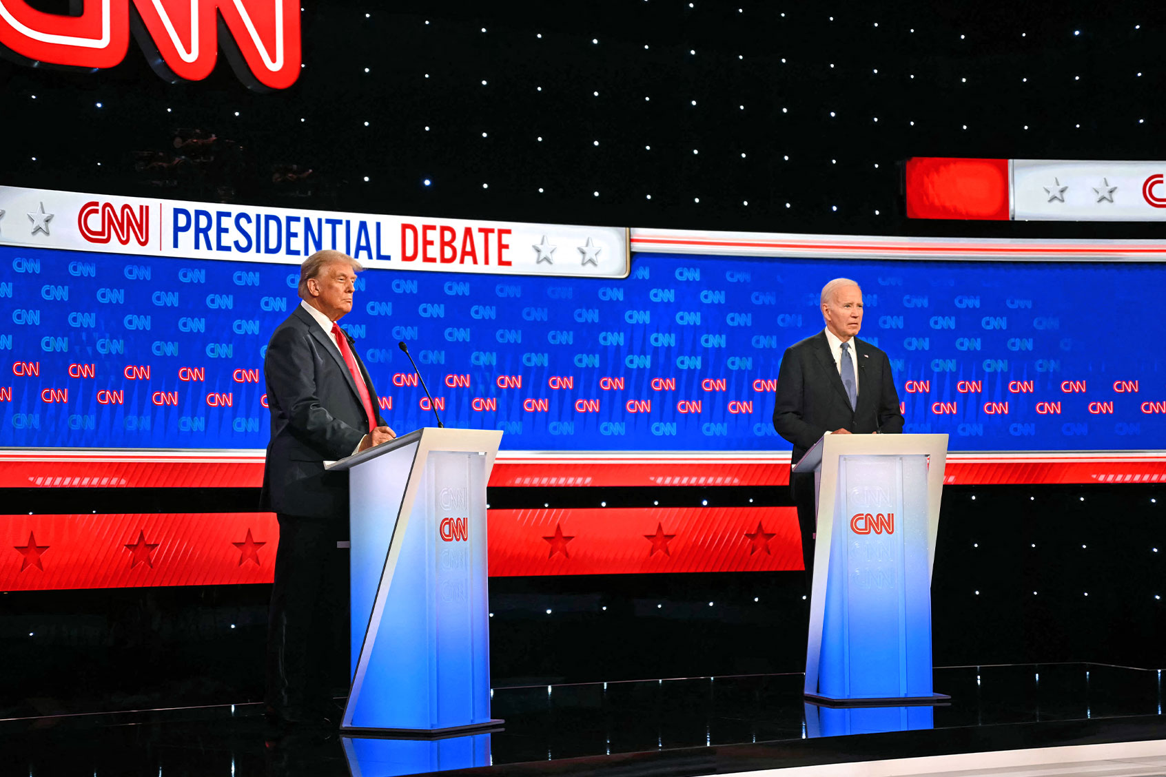 US President Joe Biden and former US President and Republican presidential candidate Donald Trump participate in the first presidential debate of the 2024 elections at CNN's studios in Atlanta, Georgia, on June 27, 2024. (ANDREW CABALLERO-REYNOLDS/AFP via Getty Images)