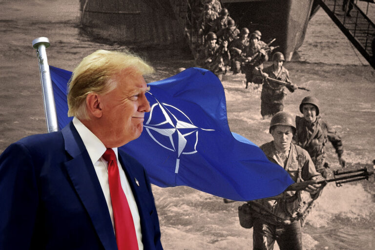 Donald Trump | The NATO flag | American troops walking in the water leaving a landing barge during the Normandy D-Day landings, France, 6th June 1944. (Photo illustration by Salon/Getty Images)