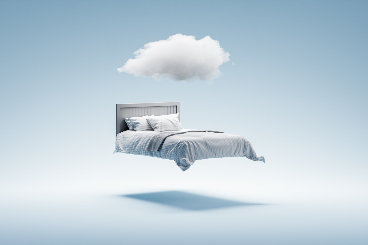 3D illustration of double bed hovering in air and with white cloud above. ((OsakaWayne Studios / Getty Images))