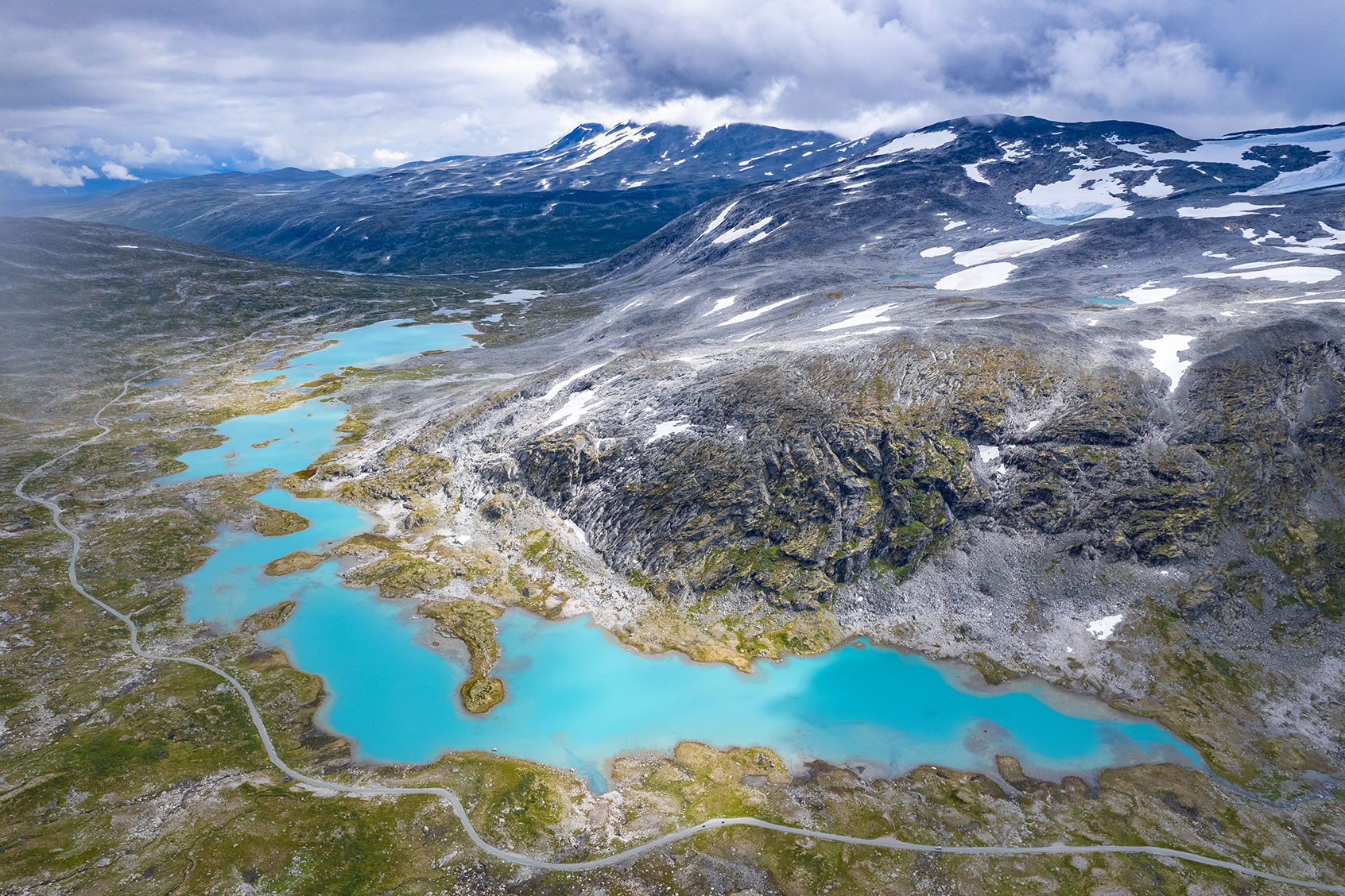 Aerial view above the glaciers melting into the permafrost of Jostedalsbreen National Park