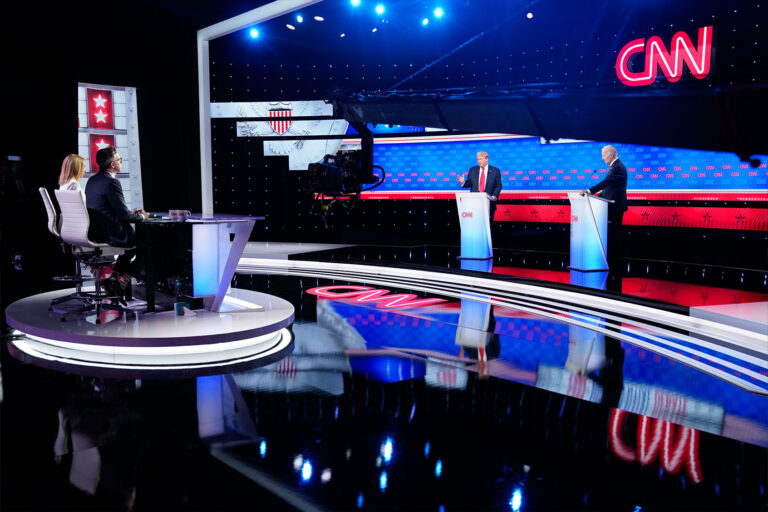 Former president Donald Trump and President Joe Biden participate in the first presidential debate of the 2024 elections at CNN's studios in Atlanta, Ga on Thursday, June 27, 2024. (Jabin Botsford/The Washington Post via Getty Images)