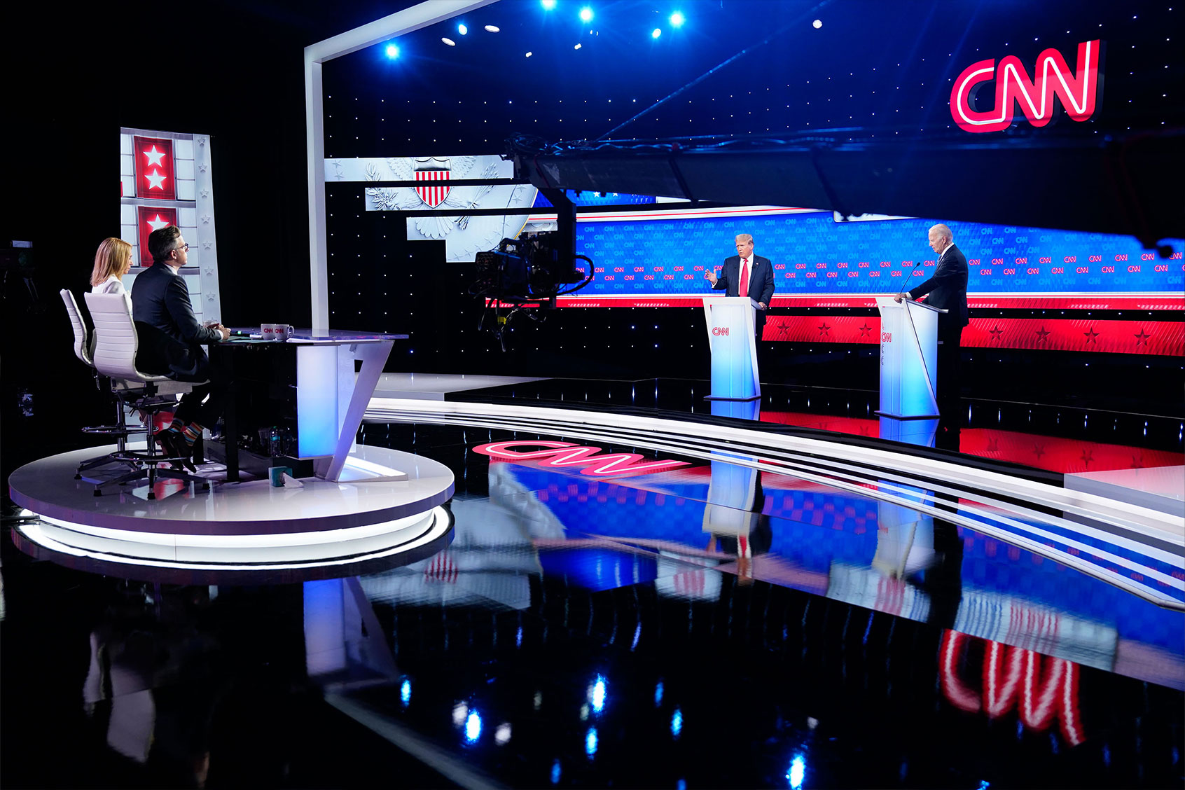 Former president Donald Trump and President Joe Biden participate in the first presidential debate of the 2024 elections at CNN's studios in Atlanta, Ga on Thursday, June 27, 2024. (Jabin Botsford/The Washington Post via Getty Images)