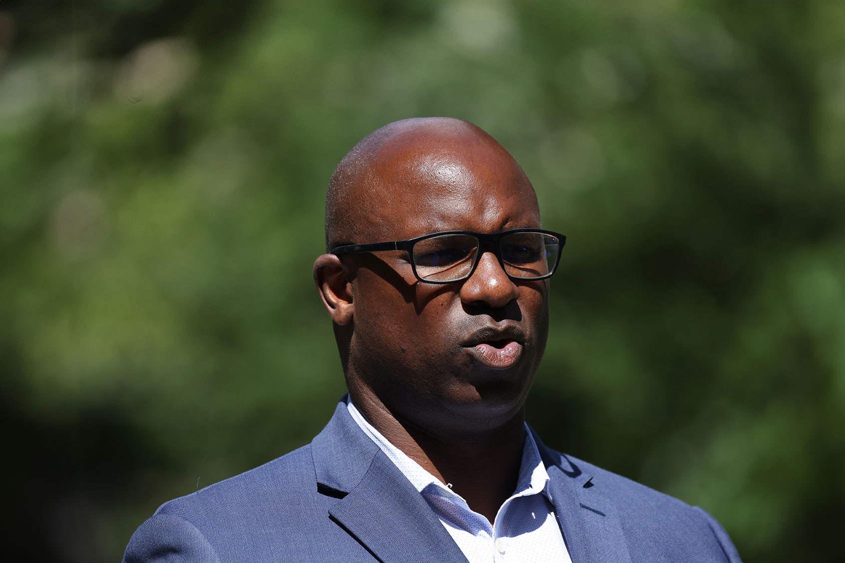 Rep. Jamaal Bowman (D-NY) watches as Rep. Ayanna Pressley (D-MA) speaks during a Get Out the Vote campaign event at Hartley Park on June 24, 2024 in Mount Vernon, New York. (Michael M. Santiago/Getty Images)