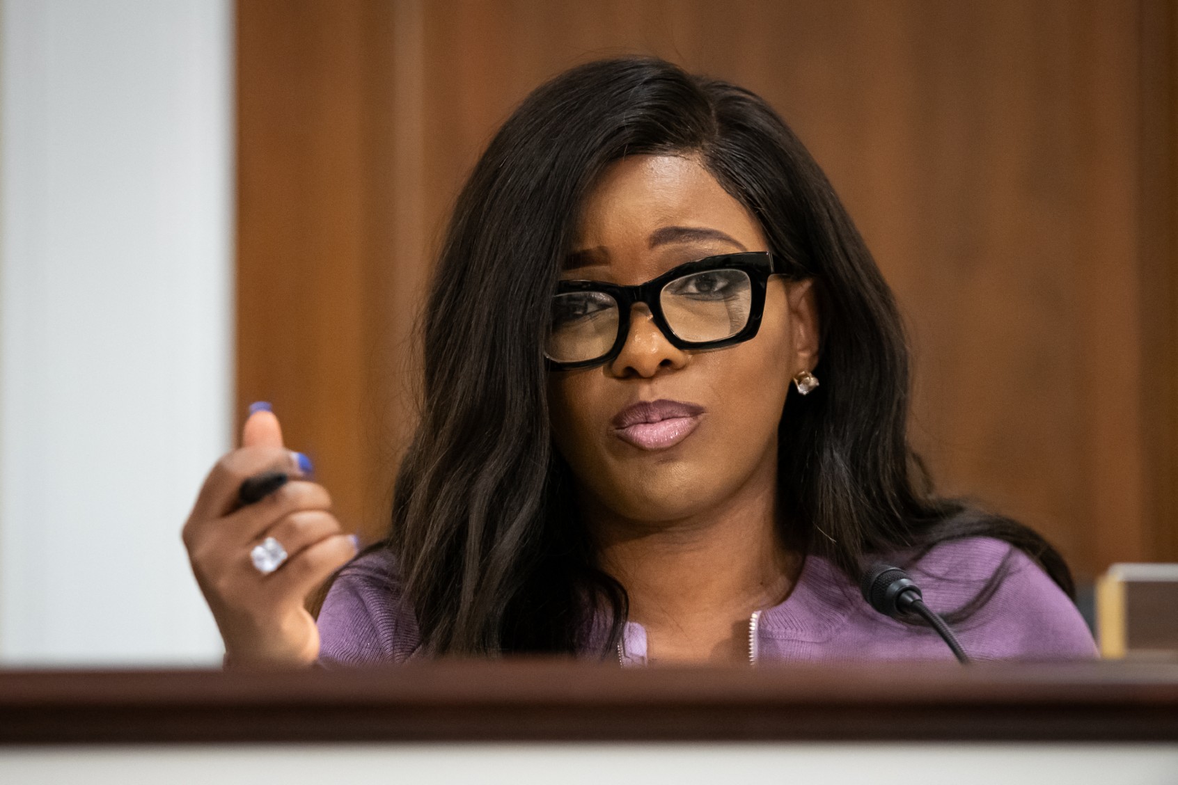 Rep. Jasmine Crockett (TX) questions witnesses during a roundtable on Supreme Court ethics hosted by House Oversight Committee Democrats, Washington, DC, June 11, 2024. ( ALLISON BAILEY/Middle East Images/AFP via Getty Images)
