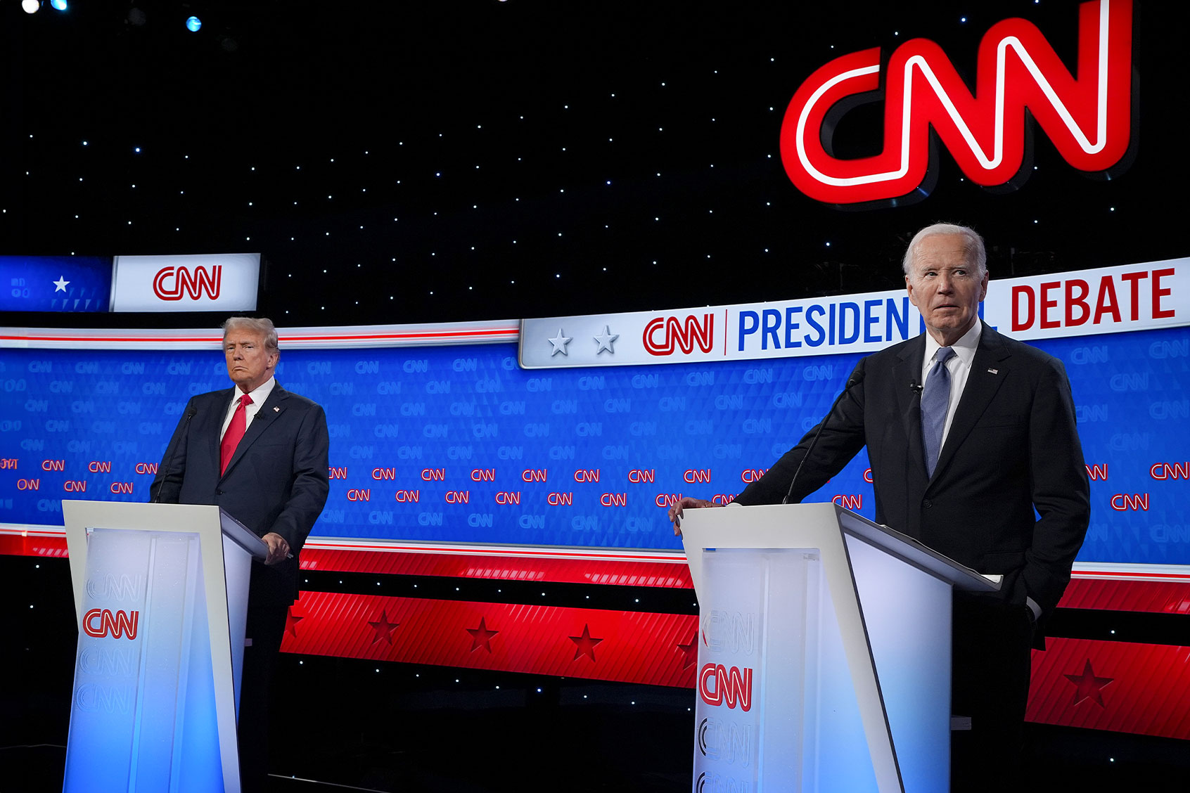 U.S. President Joe Biden (R) and Republican presidential candidate, former U.S. President Donald Trump participate in the CNN Presidential Debate at the CNN Studios on June 27, 2024 in Atlanta, Georgia. (Andrew Harnik/Getty Images)