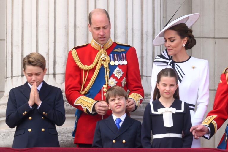 Prince George of Wales, Prince William, Prince of Wales, Prince Louis of Wales, Princess Charlotte of Wales and Catherine, Princess of Wales on the balcony of Buckingham Palace during Trooping the Colour on June 15, 2024 in London, England. (Karwai Tang/WireImage)