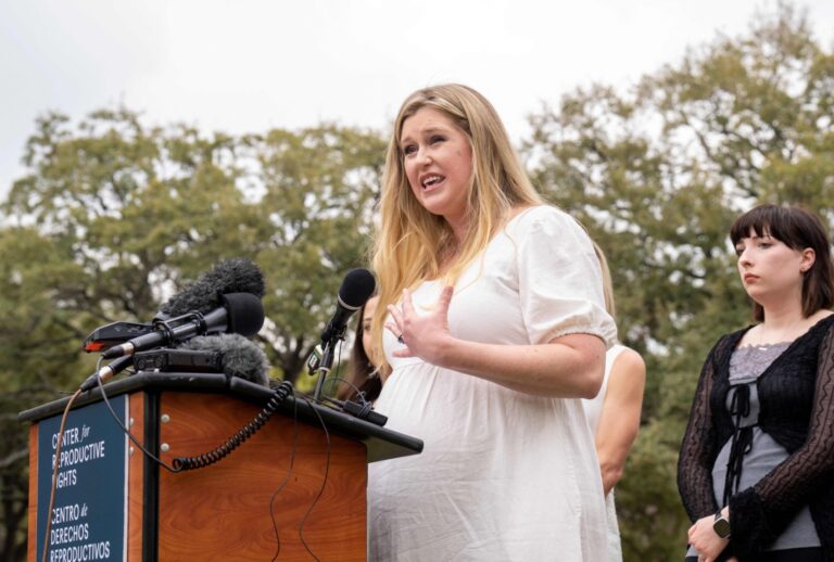 Lauren Miller, a plaintiff in a lawsuit from women denied abortions despite serious complications, speaks on the lawn of the Texas State Capitol on March 7, 2023 ion Austin, Texas. Five Texas women have sued the conservative US state, asking a judge to clarify exceptions to the new laws. (SUZANNE CORDEIRO/AFP via Getty Images)