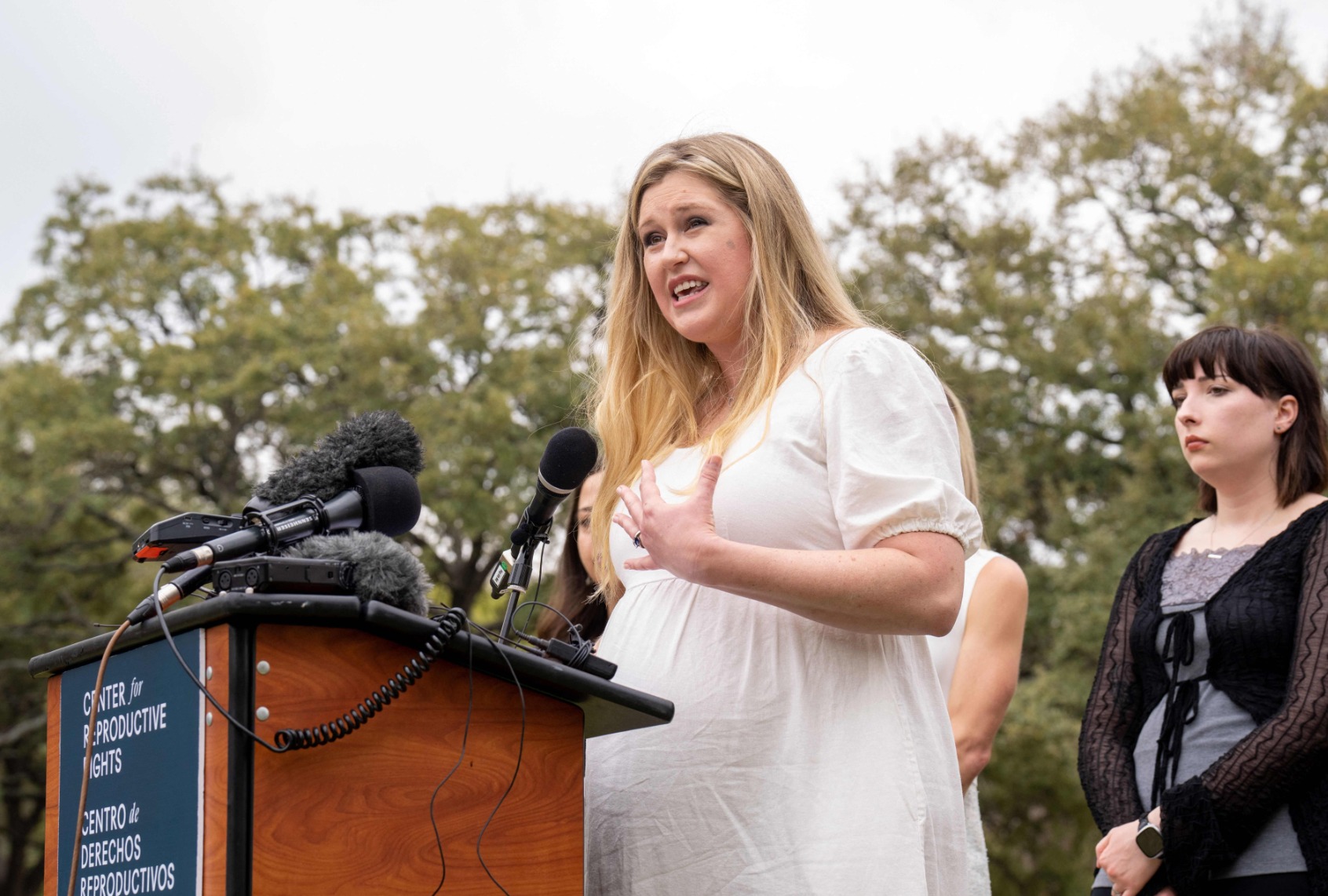 Lauren Miller, a plaintiff in a lawsuit from women denied abortions despite serious complications, speaks on the lawn of the Texas State Capitol on March 7, 2023 ion Austin, Texas. Five Texas women have sued the conservative US state, asking a judge to clarify exceptions to the new laws. (SUZANNE CORDEIRO/AFP via Getty Images)