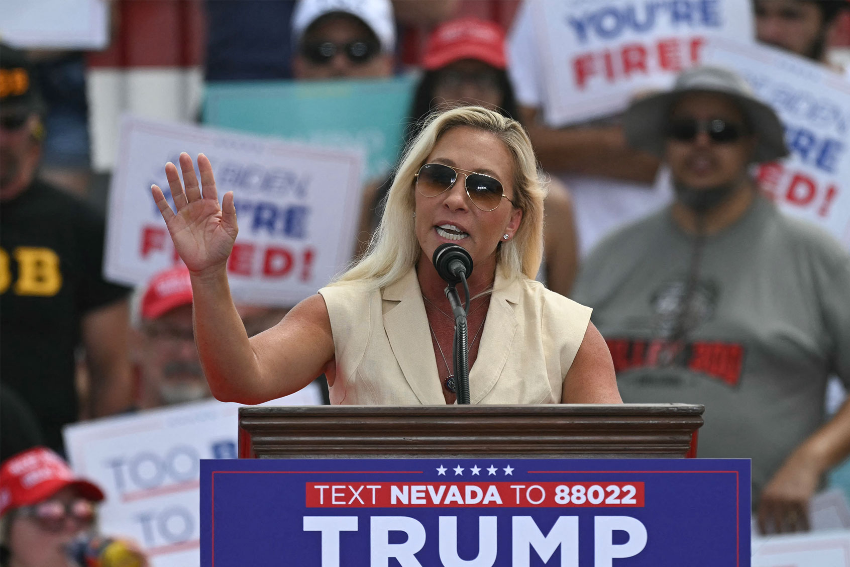 US Representative Marjorie Taylor-Greene, Republican of Georgia, speaks during a campaign rally for former US President and Republican presidential candidate Donald Trump at Sunset Park in Las Vegas, Nevada on June 9, 2024. (JIM WATSON/AFP via Getty Images)
