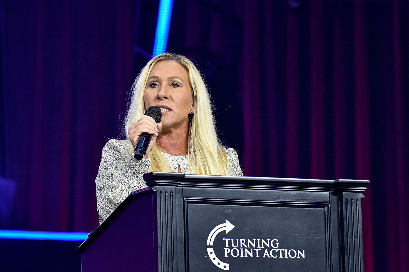 Congresswoman Marjorie Taylor Greene (R-GA) speaks at The People's Convention hosted by Turning Point Action at The Huntington Place in Detroit, MI on June 15, 2024. (Adam J. Dewey/Anadolu via Getty Images)