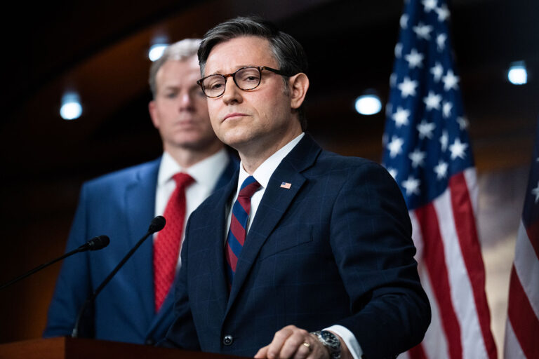 Speaker of the House Mike Johnson, R-La., and Vice chair Rep. Blake Moore, R-Utah, left, conduct a news conference in the Capitol Visitor Center after a meeting of the House Republican Conference on Wednesday, May 22, 2024. (Tom Williams/CQ-Roll Call, Inc via Getty Images)
