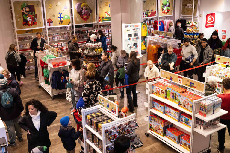 Shoppers line up at the Nintendo Store during "Black Friday" in New York on November 24, 2023, the unofficial start of the holiday shopping season. (YUKI IWAMURA/AFP via Getty Images)