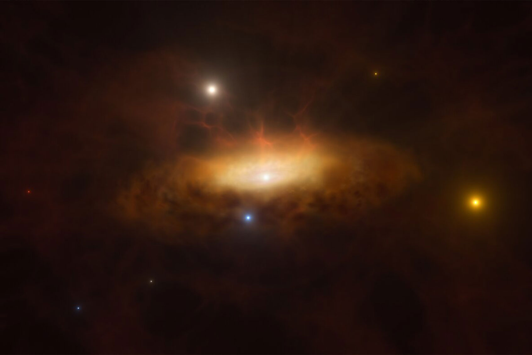 In late 2019, the galaxy SDSS1335+0728 suddenly started shining brighter than ever before and was classified as having an active galactic nucleus, powered by a massive black hole in the galaxy’s core. (ESO/M. Kornmesser)