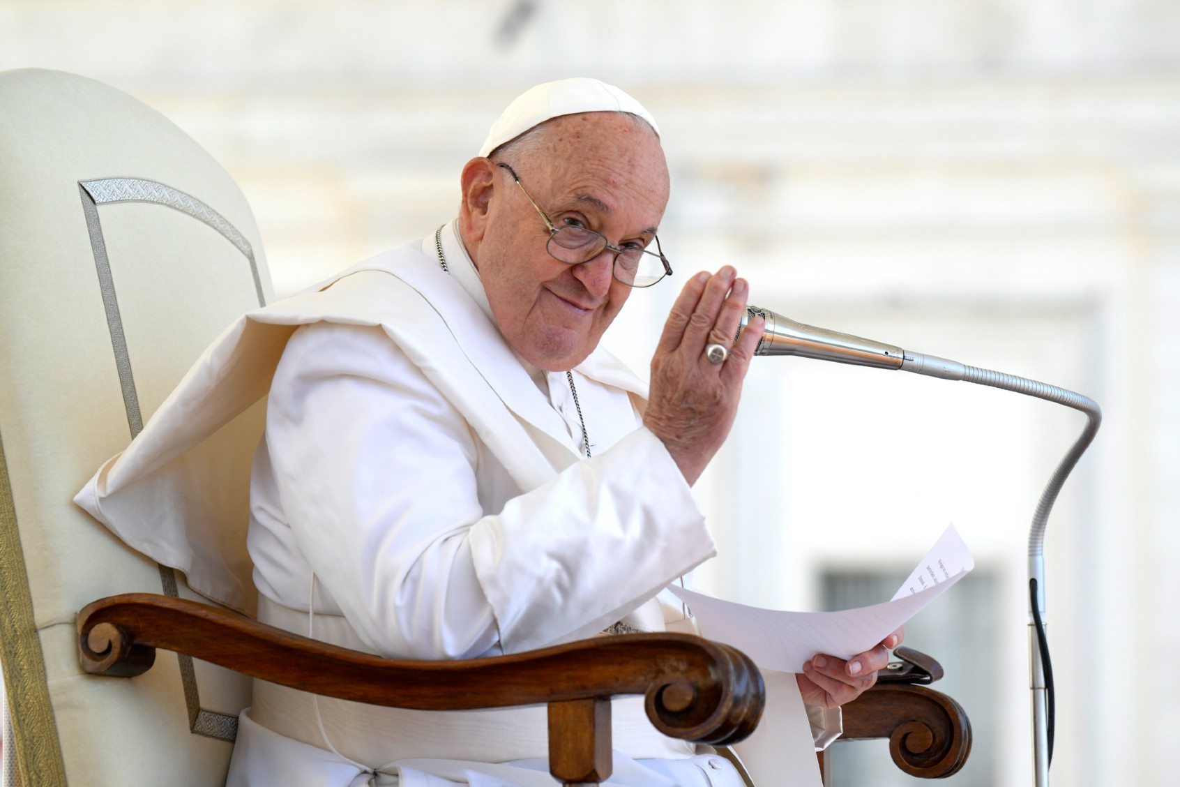 Pope Francis waves to the faithful during his weekly general audience at St. Peter's Square on June 12, 2024, in Vatican City, Vatican. (Vatican Media via Vatican Pool/Getty Images)