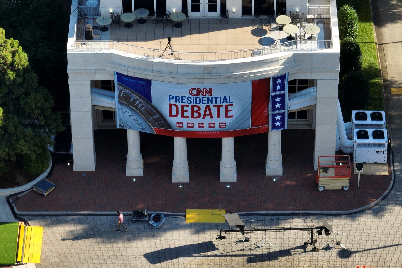 In an aerial view, signage for a CNN presidential debate is seen outside of their studios inside the Turner Entertainment Networks on June 26, 2024 in Atlanta, Georgia. (Kevin Dietsch/Getty Images)