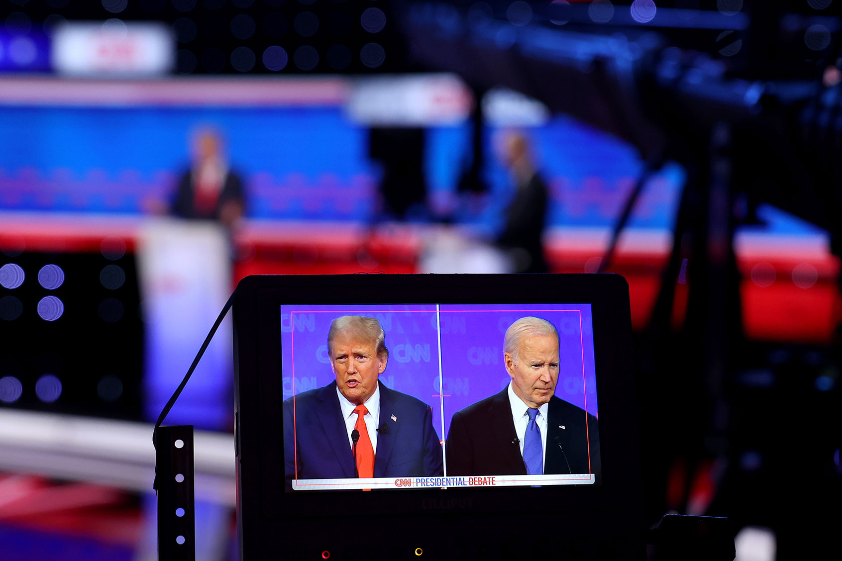U.S. President Joe Biden (R) and Republican presidential candidate, former U.S. President Donald Trump participate in the CNN Presidential Debate at the CNN Studios on June 27, 2024 in Atlanta, Georgia. (Justin Sullivan/Getty Images)