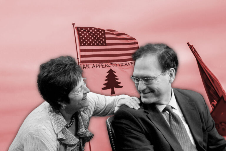 Samuel Alito and his wife Martha  | An appeal to heaven flag and an American flag. (Photo illustration by Salon/Getty Images)