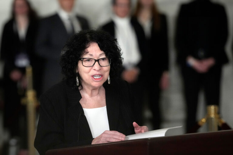 Supreme Court Justice Sonia Sotomayor speaks during a service for retired Supreme Court Justice Sandra Day O'Connor in the Great Hall at the Supreme Court December 18, 2023 in Washington, DC. (Jacquelyn Martin-Pool/Getty Images)