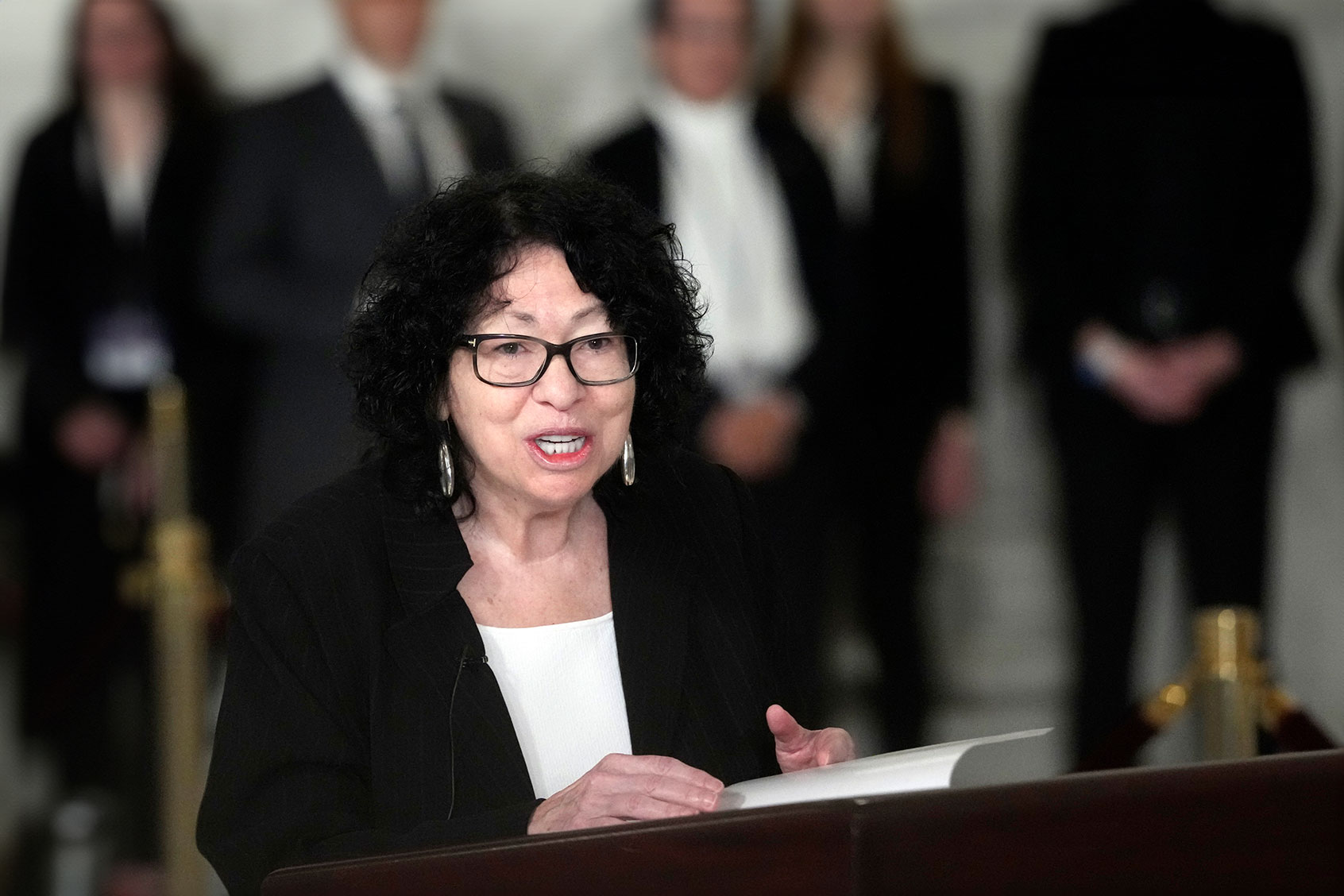 Supreme Court Justice Sonia Sotomayor speaks during a service for retired Supreme Court Justice Sandra Day O'Connor in the Great Hall at the Supreme Court December 18, 2023 in Washington, DC. (Jacquelyn Martin-Pool/Getty Images)