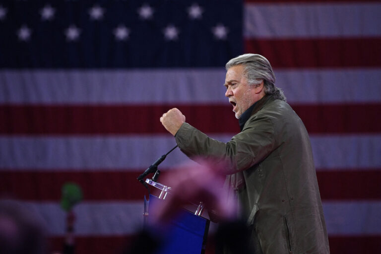 Former White House chief strategist Steve Bannon speaks during the annual Conservative Political Action Conference (CPAC) meeting on February 24, 2024, in National Harbor, Maryland. (MANDEL NGAN/AFP via Getty Images)