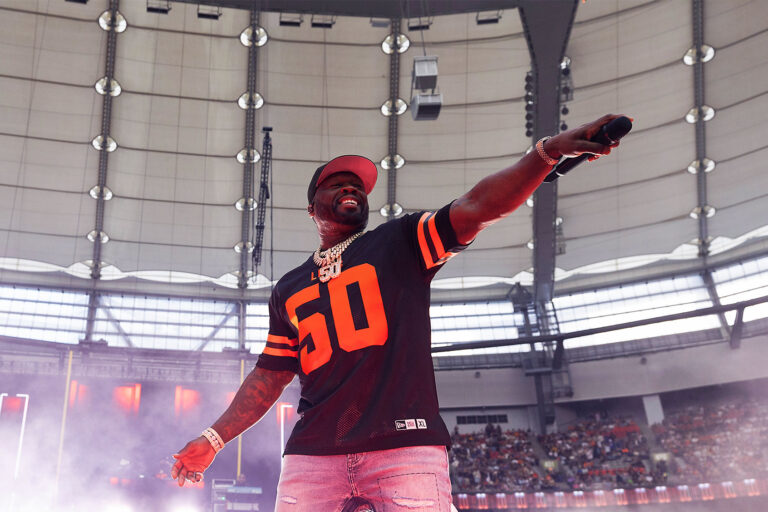 Rapper 50 Cent performs on stage during the pre-game concert ahead of BC Lions season kick off game against Calgary Stampeders at BC Place on June 15, 2024 in Vancouver, British Columbia, Canada. (Andrew Chin/Getty Images)