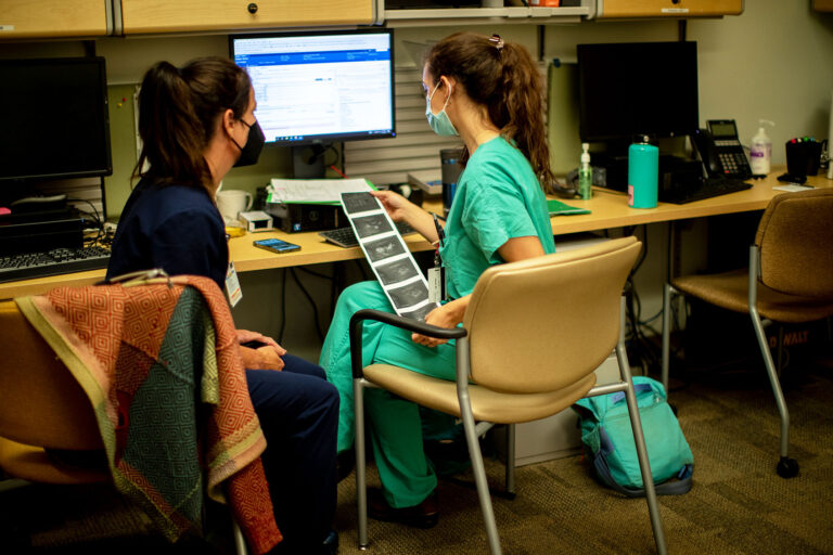 A family physician and her resident look over an ultrasound the day before the Supreme Court overturned Roe v. Wade at the Center for Reproductive Health clinic on June 23, 2022 in Albuquerque, New Mexico. (Gina Ferazzi / Los Angeles Times via Getty Images)