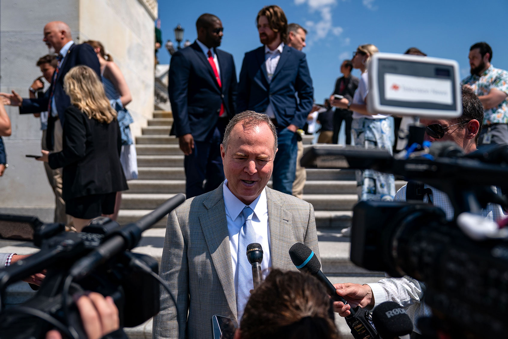 Rep. Adam Schiff (D-CA) speaks with reporters on the steps of the House Of Representatives at the U.S. Capitol on June 14, 2024 in Washington, DC. (Kent Nishimura/Getty Images)