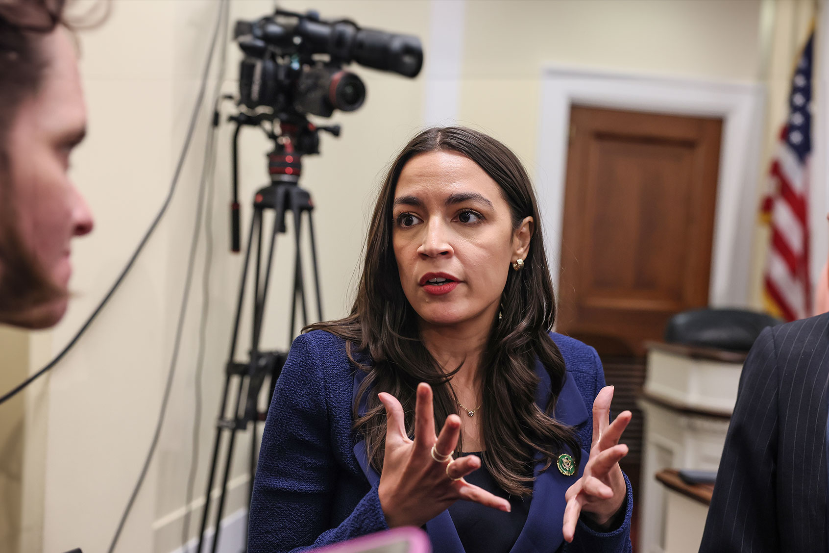 Rep. Alexandria Ocasio-Cortez (D-NY) speaks to journalists following a roundtable discussion on Supreme Court Ethics conducted by Democrats of the House Oversight and Accountability Committee at the Rayburn House Office Building on June 11, 2024 in Washington, DC. (Jemal Countess/Getty Images for Court Accountability)